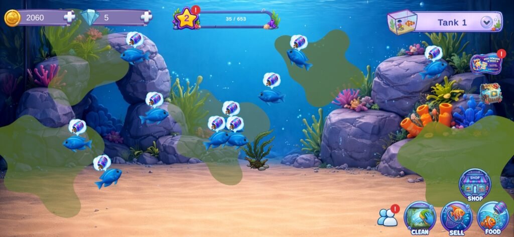 FinnyTopia Tycoon oynanış — balıklarla dolu akvaryum tankı