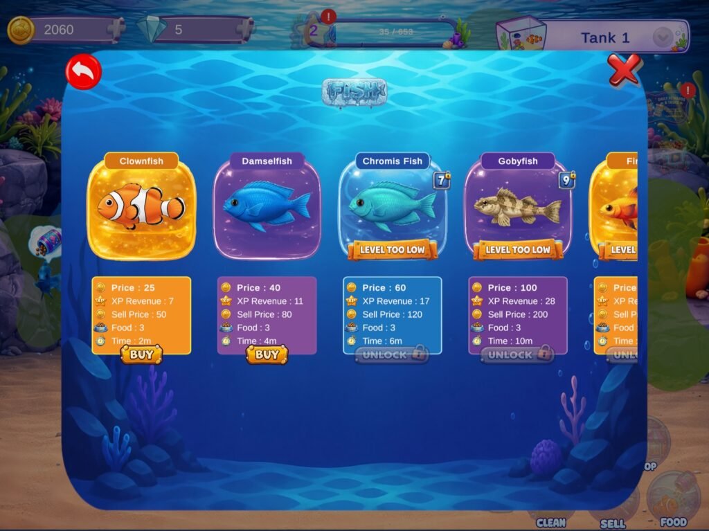 FinnyTopia Tycoon balık mağazası — tür fiyatları, satış değerleri ve büyüme süreleri