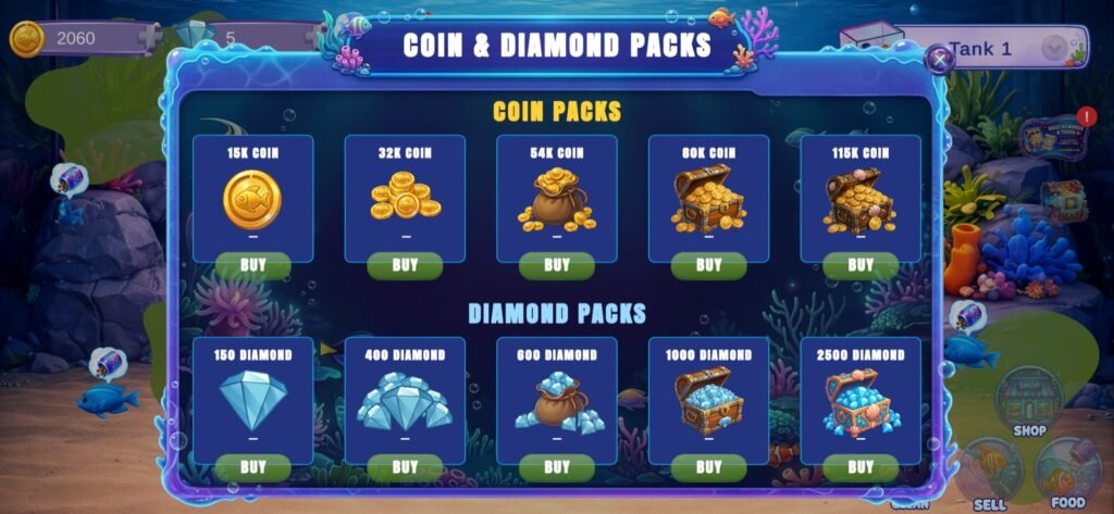 FinnyTopia Tycoon coin ve elmas paketleri ekranı