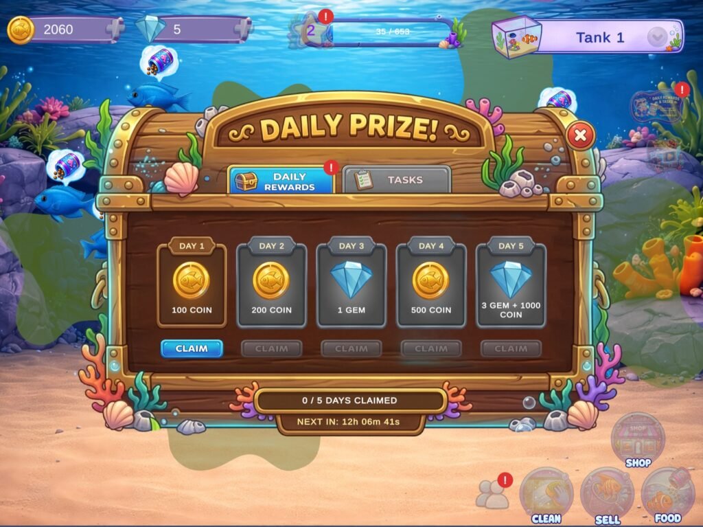 FinnyTopia Tycoon günlük ödül ekranı — beş günlük coin ve gem takvimi