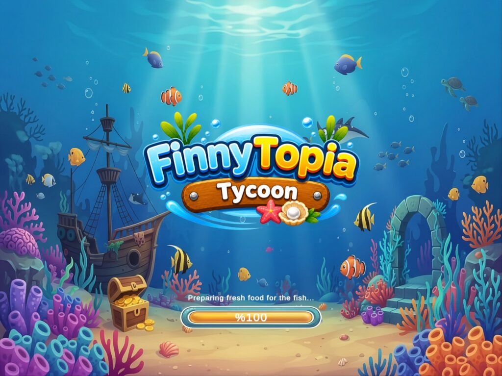 FinnyTopia Tycoon oyununun açılış ekranı ve logosu