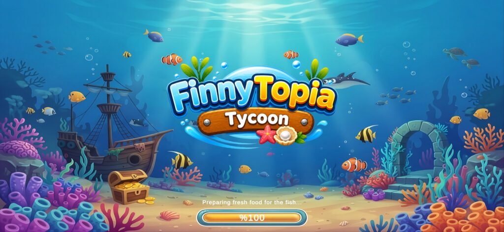 FinnyTopia Tycoon açılış ekranı — batık gemi ve mercanlarla dolu deniz altı sahnesi